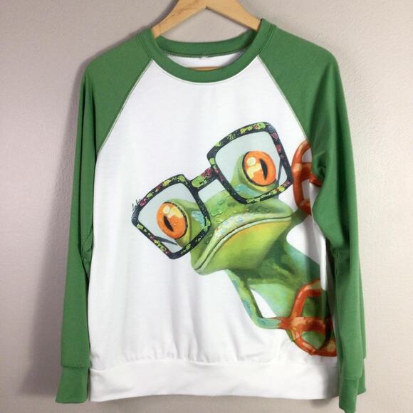 Smart Tree Frog In Glasses Long Sleeve Shirt White Green Large - Picture 1 of 4